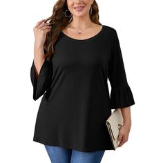 SHOWMALL Women's Plus Size Bell-Sleeve Ultimate Tee Shirt. Soft and easy, this tee gets a feminine update with flirty, flared sleeves and a wide scoop neck. This plus T-shirt is simply can't live without. Every soft and stylish tee comfortably glides over curves and feels divine to wear. Made in knit that wears and washes beautifully, our fits are designed to flow and never cling. Look for the pretty details that make each one special. OCCASIONS: These women's plus 3/4 sleeve tops are perfect fo Casual Blouses, Plus Size Tunic, Flowy Shirt, Tunic Tops Casual, Shirts For Leggings, Casual Tunics, Womens Crewneck, Basic Tops, Plus Size Blouses