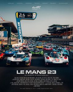 the movie poster for le mans 23 is shown in front of a race track with many cars