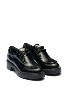 Find PRADA Brushed Leather Lace-up Shoes on Editorialist. black leather brushed finish enamel triangle logo front lace-up fastening round toe low block heel Stella Mccartney Boots, Metal Lettering, Logo Shoes, Best Shoes For Men, Patent Leather Loafers, Lettering Logo, Best Running Shoes, Denim Shoes, Triangle Logo