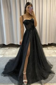 A-line Black Tulle Sweetheart Long Prom Dress Split Evening Dress PSK305-Pgmdress Gaun Tulle, Glitter Prom Dress, Sparkly Prom Dress, 파티 드레스, Custom Prom Dress, Spaghetti Strap Prom Dress, Tulle Evening Dress, Graduation Dresses