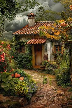 a painting of a house surrounded by flowers and greenery with clouds in the background