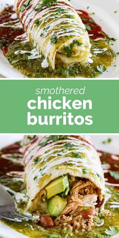 chicken burritos are stuffed with shredded meat, avocado and cilantro sauce