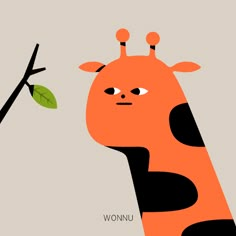 an orange and black giraffe standing next to a tree branch with leaves on it