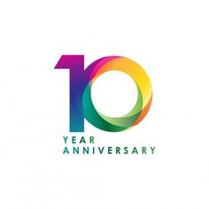 the ten year anniversary logo is shown in multicolored letters on a white background