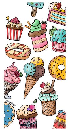 a bunch of different types of cakes and desserts on a white background with the words ice cream written below it