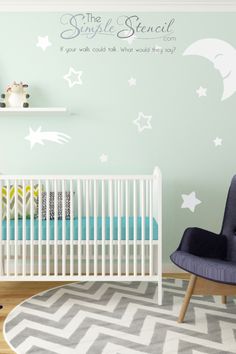 a baby's room with a crib and wall decal that says, the simple