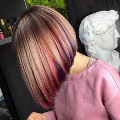 Short Hair Peekaboo, Hair Peekaboo, Bob Highlights, Purple Woman, Hidden Hair Color, Peekaboo Hair Colors, Tan Skin Blonde Hair, Peekaboo Highlights, Short Hair Highlights