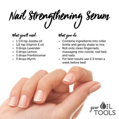 If you struggle with dry, brittle nails or if you just want your nails to grow longer and stronger, try this DIY Nail Strengthening recipe! 💅 Oils To Remove Makeup, Doterra Cuticle Oil Recipe, Essential Oil Cuticle Oil Recipe, Cuticle Oil Diy Recipe, Cuticle Oil Recipe, Cuticle Oil Diy, Manicure Desk, Summer Glowup, Nail Strengthening