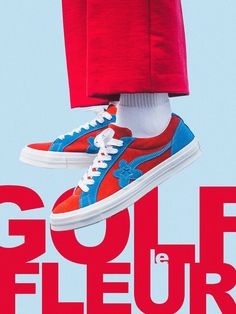 a poster for the movie golf le fleur featuring a man's feet in red and blue sneakers