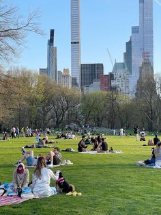 many people are sitting on the grass in a park with skyscrapers in the background