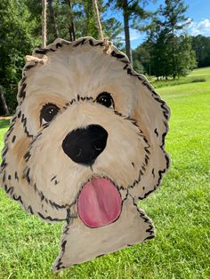 a dog is hanging from a rope in the grass