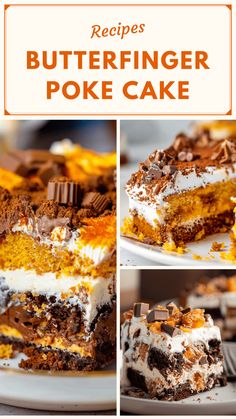 a collage of photos showing different types of cake with the words, butterfingerer poke cake