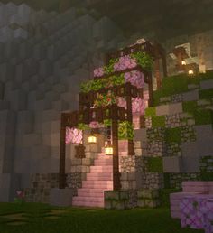 the interior of a minecraft house with pink flowers and plants on it's walls