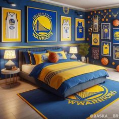 a bedroom decorated in blue and yellow with basketballs on the wall