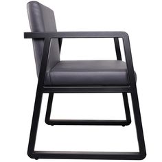 a gray leather chair with black metal frame and armrests on an isolated white background