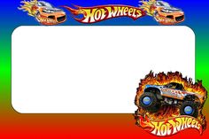 an image of a monster truck with flames on the side and a hot wheels sign above it