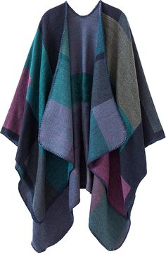 PRICES MAY VARY. GENEROUS SIZE:One size fits all. Length 51.2 inch-61 inch.Detailed workmanship with carefully stitched edges, high quality product without loose thread or defects.The length of this shawl right covers the fat at your waist, hip and thigh and makes you look tall and slim SOFT AND WARM DOUBLE SIDED WINTER PONCHO CAPE / SHAWLS / WRAPS:Fully reversible, you can choose to display the dark side or the light color side, or you can play with your folding methods or twist to display both Warm Gifts, Open Front Poncho, Poncho Coat Cape, Purple Color Block, Blanket Poncho, Freezing Cold, Oversized Sweater Cardigan, Cape Style, Cardigan Sweater Coat