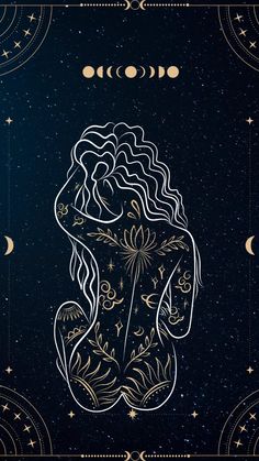 the back side of a woman's body with stars and moon in the background