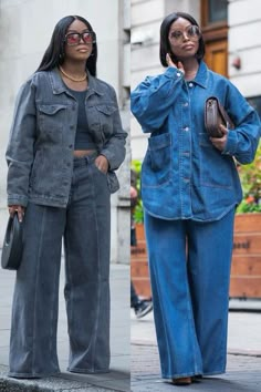 Curvy Denim Outfit, Wide Leg Jeans Outfit Winter Plus Size, Denim Street Style 2024, Denim Over Denim Outfit, Demin On Denim Outfit, Denim 2 Piece Outfit, Denim Shirt Outfit Winter, Dope Fashion Outfits, Cute Professional Outfits