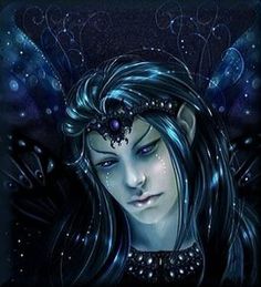 a digital painting of a fairy with blue hair and stars in the sky behind her