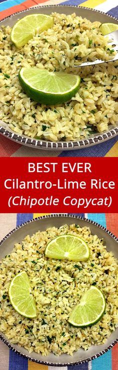 two plates filled with rice and limes next to each other on a colorful table cloth