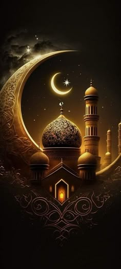 the moon and mosques are lit up in the night sky with stars above them