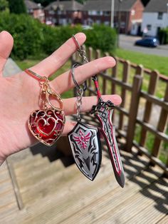 a hand holding two different key chains on it's thumb, with a house in the background