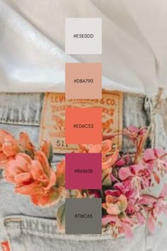 the color palette is pink, grey, and white with some flowers in it's back pocket