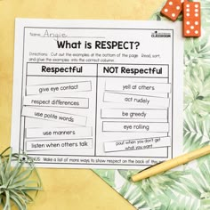 what is respect? worksheet with pencils and paper on table next to it