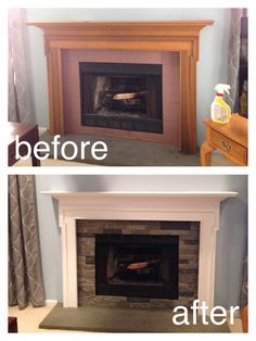 before and after pictures of a fireplace