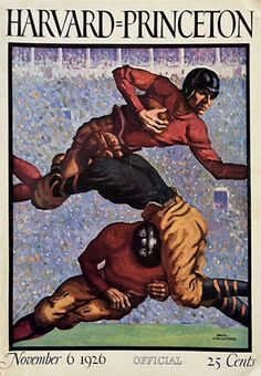 an advertisement for the harvard princeton football team, featuring two players in red and yellow uniforms