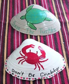 two painted rocks that say, don't be crabby and save the turtles