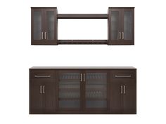 two brown cabinets with glass doors and shelves