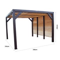 an outdoor wooden pergola with measurements for the top and bottom section, showing width