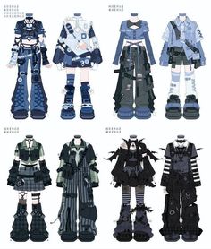 an anime character is wearing different outfits