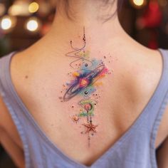 Innovative Spine Tattoo Layouts Feminine Tattoos Colorful, Colorful Spine Tattoo, Abstract Spine Tattoo, Color Tattoo Sleeve, Small Watercolor Tattoo, Planet Tattoos, Sharpie Tattoos, Tattoo Henna, Healing Tattoo