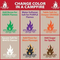 a sign that says change color in a campfire, water softener salt for purple flames, epsom salt for white flames and more flakes