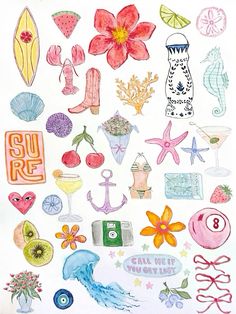 a drawing of various items and flowers on a white paper with the words surf life written below them