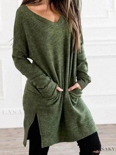 Lasaky - Relaxed Long Sleeve Fashion Garment V Neck Hoodie, Cotton Blends Dress, Tunic Sweatshirt, Neck Hoodie, Pocket Dress, Pullover Sweatshirts, Hoodie Dress, Long Sleeve Casual, Long Sleeve Hoodie