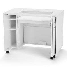 a white computer desk with wheels and drawers on it's sides, against a white background