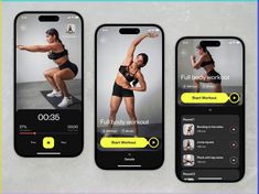 three cell phones showing the same workout program as well as an image of a woman doing squat exercises