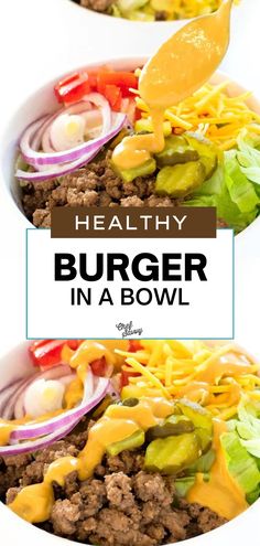 two bowls filled with meat and vegetables on top of a white surface, with the words healthy burger in a bowl above them