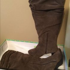 Genuine Suede Leather Boots With 2inch Heel And Non-Skid Sole. Half-Zip, Pull On. Will Fit Wider Calf. Like New In Box. Chocolate Brown Colour, Suede Leather Boots, Wide Calf, Chocolate Brown, Tall Boots, Half Zip, Over The Knee, Over The Knee Boots, Knee Boots