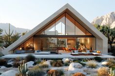 a house in the middle of desert with mountains in the backgrouds and cactus