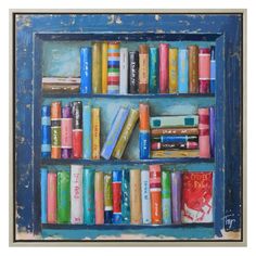 a painting of books on a blue shelf