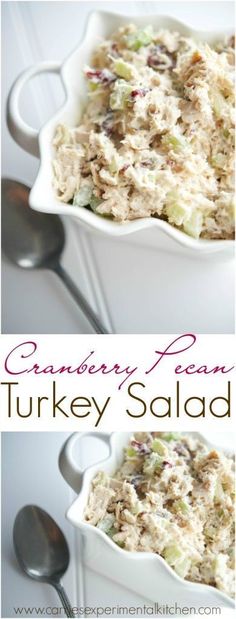 this is an image of a turkey salad with cranberries and pecans in it