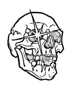 a black and white drawing of a skull with a cross on it's forehead