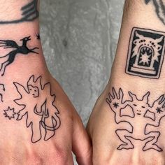 two people with matching tattoos on their hands