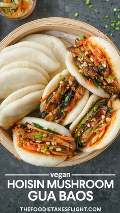 vegan hoisin mushroom gua baos in a bowl with chopsticks