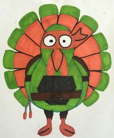 a drawing of a turkey wearing a green hat and holding a piece of wood in his hand